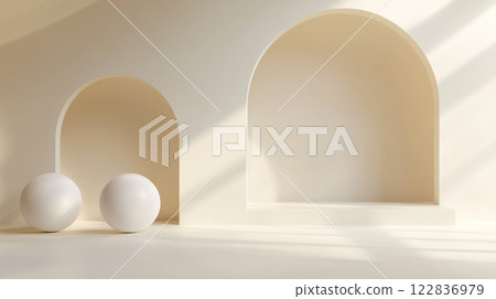 White room with two arches and two white balls. The balls are placed in the middle of the room 122836979