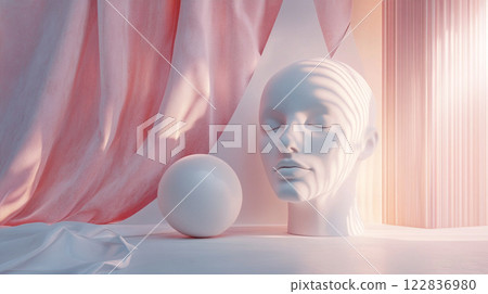 White head with a shadow on it is sitting on a white ball. The head is surrounded by a pink curtain 122836980