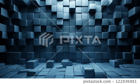Blue wall made of cubes. The wall is empty and has no furniture or decoration. The blue color of the wall gives a sense of calmness and serenity 122836981