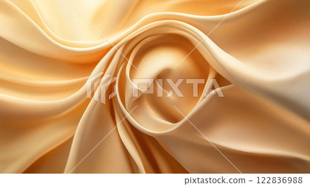Piece of fabric with a pattern of a flower. The fabric is yellow and has a smooth texture 122836988