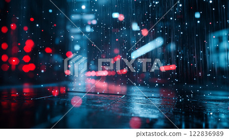 Blurry image of a city street with rain falling and lights shining through the rain. Scene is one of mystery and intrigue, as the rain and lights create a sense of movement and energy 122836989
