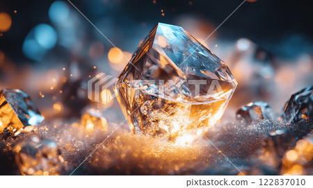 Close up of a large crystal with a blue background. The crystal is surrounded by other smaller crystals, creating a sense of depth and texture. The blue background adds a cool 122837010