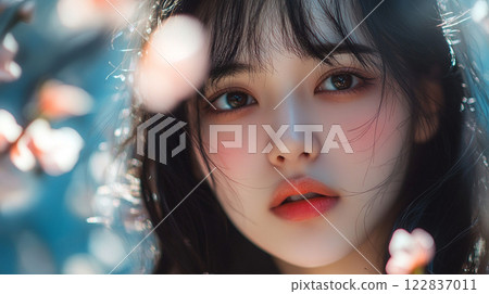 Woman with dark hair and a red lip is standing in front of a tree with pink flowers Woman with dark hair and a red lip is standing in front of a tree with pink flowers 122837011