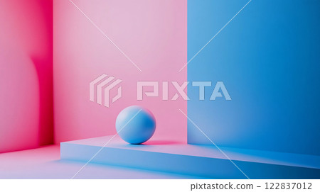 Blue sphere is sitting on a blue platform. The blue color of the sphere and platform creates a sense of calmness and serenity 122837012