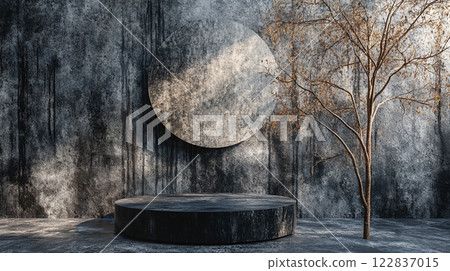 Black pedestal with a round mirror on top and a tree in the background. The scene is set in a room with a grey wall, giving it a calm and serene atmosphere Black pedestal with a round mirror on top and a tree in the background. The scene is set in a room with a grey wall, giving it a calm and serene atmosphere 122837015