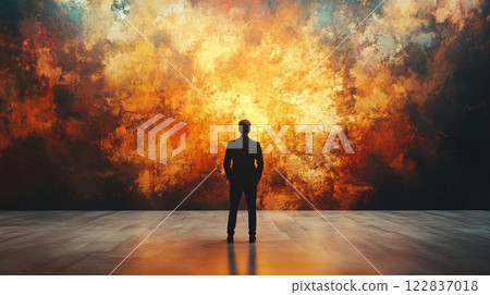 Man stands in front of a wall of orange paint, looking at the wall. The painting is abstract and chaotic, with splatters of paint everywhere. The man is lost in thought Man stands in front of a wall of orange paint, looking at the wall. The painting is abstract and chaotic, with splatters of paint everywhere. The man is lost in thought 122837018