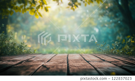 Wooded area with a wooden board in the foreground. The board is covered in leaves and has a natural, rustic appearance. The surrounding area is lush and green, with trees 122837023