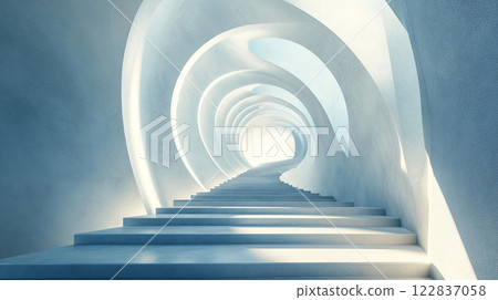 Spiral staircase in a white room with a light shining on it. The staircase is made of concrete and is very tall Spiral staircase in a white room with a light shining on it. The staircase is made of concrete and is very tall 122837058