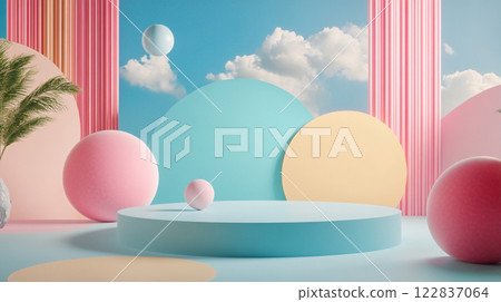 Colorful room with a blue and yellow floor and pink and yellow walls. There are three balls on the floor, one of which is pink 122837064