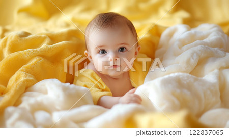 Baby is laying on a yellow blanket. The baby is looking at the camera with a smile on its face. The scene is warm and cozy, with the baby feeling safe and comfortable in its surroundings Baby is laying on a yellow blanket. The baby is looking at the camera with a smile on its face. The scene is warm and cozy, with the baby feeling safe and comfortable in its surroundings 122837065