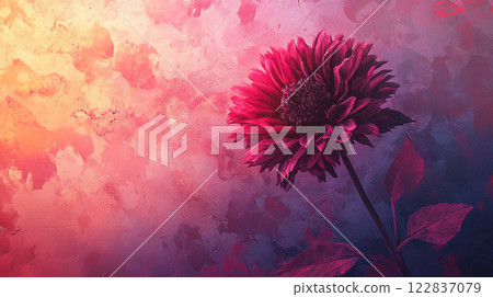 Flower is the main focus of the image, which is a painting of a pink flower. The flower is surrounded by a colorful background, which adds to the overall mood of the painting 122837079