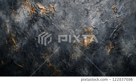 Wall with a lot of texture and a few orange spots. The wall is dark and the orange spots are scattered throughout Wall with a lot of texture and a few orange spots. The wall is dark and the orange spots are scattered throughout 122837086