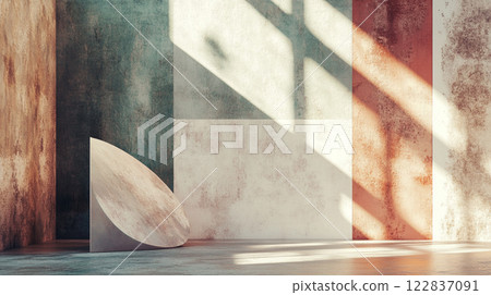 White and brown sculpture sits in front of a wall with a red stripe. The room is empty and the sculpture is the only object in the space White and brown sculpture sits in front of a wall with a red stripe. The room is empty and the sculpture is the only object in the space 122837091