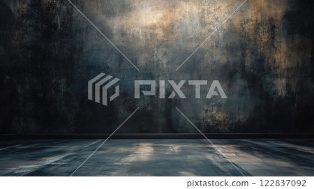 Large, empty room with a wall that is covered in graffiti. The room is dark and the wall is covered in a variety of colors and patterns. The graffiti gives the room a sense of urban decay 122837092