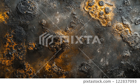 Black and orange background with a lot of small dots. The background is very dark and the dots are very small 122837093