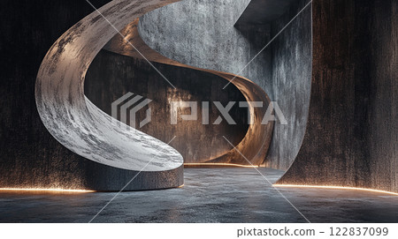 Spiral staircase is shown in a dark room with a light shining on it. The staircase is made of metal and he is very old. The room is empty and the staircase is the only thing visible 122837099