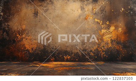 Large, empty room with a wall covered in paint splatters and a burnt orange color. The room appears to be a studio or a workshop, with a lot of unfinished work. Scene is chaotic and raw 122837103