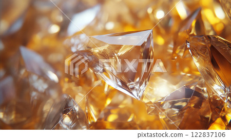 Close up of a bunch of small, clear, triangular shaped crystals. Concept of depth and complexity, as the individual pieces are arranged in a way that creates a three-dimensional effect. The bright Close up of a bunch of small, clear, triangular shaped crystals. Concept of depth and complexity, as the individual pieces are arranged in a way that creates a three-dimensional effect. The bright 122837106