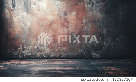 Large, empty room with a wall that is covered in rust and paint. The room is bare and empty, with no furniture or decorations. The wall is covered in a mix of rust and paint, giving the room a worn 122837107