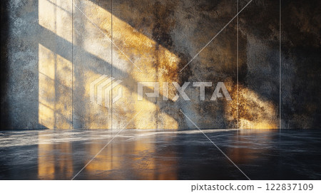 Large room with a wall that is covered in graffiti and a window that is letting in sunlight 122837109