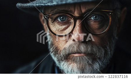 Man with a hat and glasses is staring at the camera. The image has a moody and serious tone 122837116