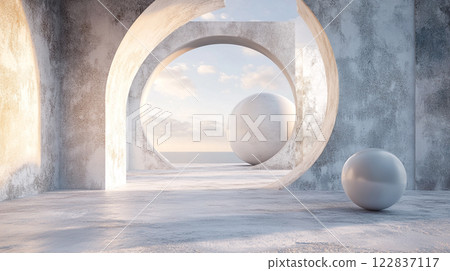 White room with a large white circle and a smaller white circle. The room is empty and the circles are the only objects in it White room with a large white circle and a smaller white circle. The room is empty and the circles are the only objects in it 122837117