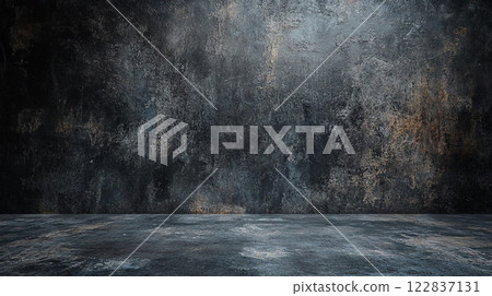 Large, empty room with a grey wall and a grey floor. The room is bare and empty, with no furniture or decorations. Scene is somber and bleak, with the grey color dominating the scene 122837131