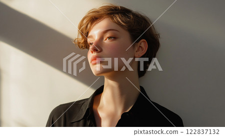 Woman with a short haircut and a black shirt is standing in front of a white wall. She has a serious expression on her face 122837132