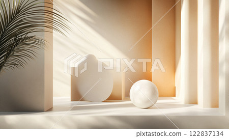 White vase sits on a pedestal in front of a wall. The vase is the focal point of the image, and the white color of the vase contrasts with the beige wall. The scene is simple and minimalistic 122837134
