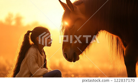 Golden Bond. A serene moment between a girl and a horse in warm sunset hues. 122837170