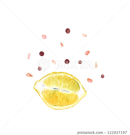 Lemon, pepper and Himalayan salt watercolor composition isolated on white background, hand drawn for food design. Spice box, restaurant and cafe menu, packaging, cards, food ads, labels decor and Lemon, pepper and Himalayan salt watercolor composition isolated on white background, hand drawn for food design. Spice box, restaurant and cafe menu, packaging, cards, food ads, labels decor and 122837197