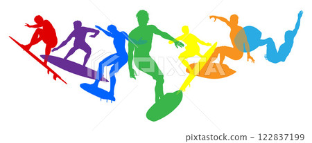 Surfers Surfing on Surf Boards Silhouettes Concept Surfers Surfing on Surf Boards Silhouettes Concept 122837199