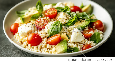 Fresh Couscous salad with vegetables, cherry tomatoes, avocado , mozzarella in bowl 122837206