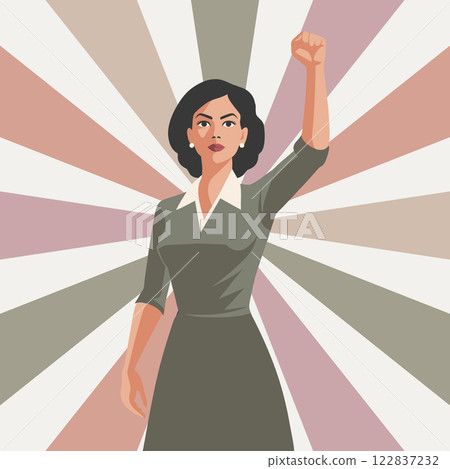 Empowered woman with raised fist on pastel sunburst background. Feminism and equality concept. Flat retro style illustration Empowered woman with raised fist on pastel sunburst background. Feminism and equality concept. Flat retro style illustration 122837232