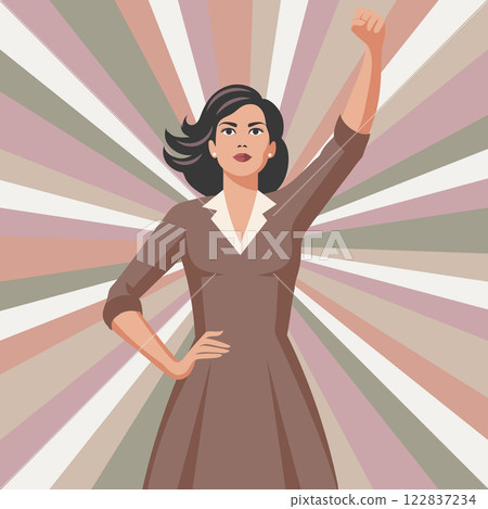 Empowered woman with raised fist on pastel sunburst background. Feminism and equality concept. Flat retro style illustration 122837234