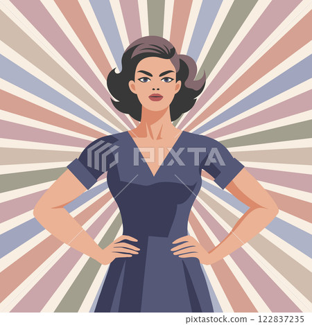 Confident woman on pastel sunburst background. Feminism and equality concept. Flat illustration in retro style 122837235