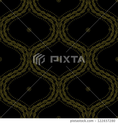 Seamless pattern with golden floral ogee geometrical motifs on a black background 122837280