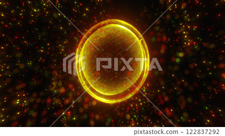 A golden, swirling form of light against a dark backdrop, evoking the essence of energy and motion in an abstract digital art style sphere 122837292