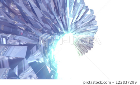 Abstract blue silver crystalline spiral with glowing light radiating from center background Abstract blue silver crystalline spiral with glowing light radiating from center background 122837299