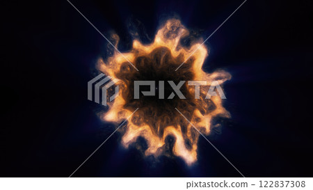 A fiery, orange glowing sphere with dynamic edges, radiating light and energy on a dark background, symbolizing intensity and strength A fiery, orange glowing sphere with dynamic edges, radiating light and energy on a dark background, symbolizing intensity and strength 122837308
