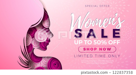Women's Day Sale Floral Illustration. International Womens Day Vector Design with Rose Flower and Young Woman Face Silhouette on Pink Background. 8 March Women Day Theme Template for Flyer, Greeting 122837358