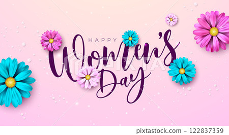 8 March. Happy Women's Day Floral Illustration. International Womens Day Vector Design with Colorful Spring Flower and Typography Lettering on Light Pink Background. Woman or Mother Day Theme Template 122837359