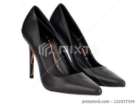 Pair of Black High Heels with Leopard Print Detail Isolated on White 122837394