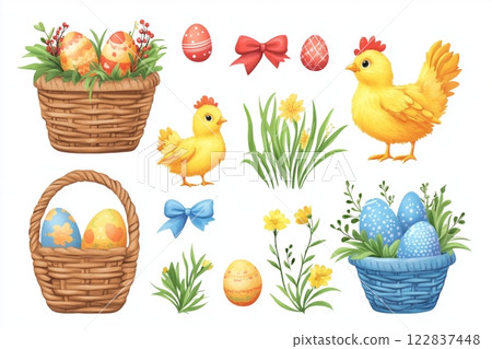 Easter Basket Set with Decorative Spring Elements and Cute Chicks 122837448