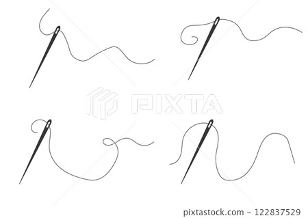 Needle with thread doodle simple icon, line embroidery decoration. Curvy thread sewing, tailor tool silhouette.  122837529