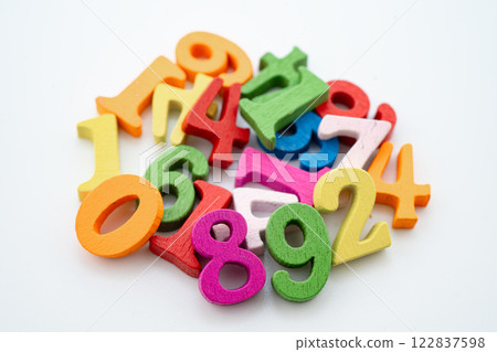 Number wood block cubes for learning Mathematic, education math. 122837598