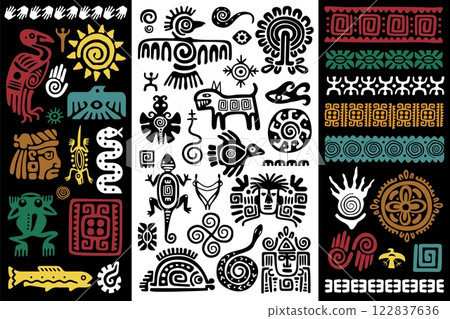 Polynesian tribal tattoo ornaments. Ancient tribal indigenous symbols with animals, sun and human figures. Ethnic patterns with geometric shapes and swirls vector set Polynesian tribal tattoo ornaments. Ancient tribal indigenous symbols with animals, sun and human figures. Ethnic patterns with geometric shapes and swirls vector set 122837636