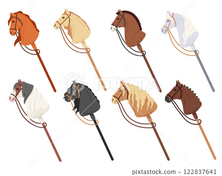 Hobby horsing sticks. Children toy with horse head on wooden stick, trendy kids equestrian sport and animal galloping and riding equipment. Stick horses isolated cartoon vector illustration set 122837641