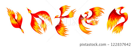Phoenix Bird with Flame and Fire Wings Vector Set Phoenix Bird with Flame and Fire Wings Vector Set 122837642