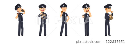 Man Police Officer in Uniform Eat Donut and Drink Coffee Vector Set Man Police Officer in Uniform Eat Donut and Drink Coffee Vector Set 122837651